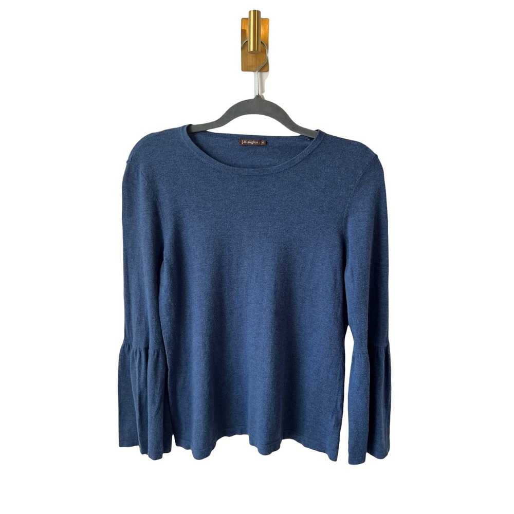 J.McLaughlin Preppy Sweater Bell Sleeve Cashmere Blend Quiet Luxury Blue Medium